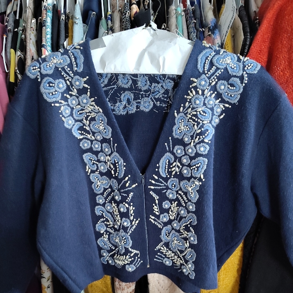 Anne Klein Navy Floral Embroidered Sweater